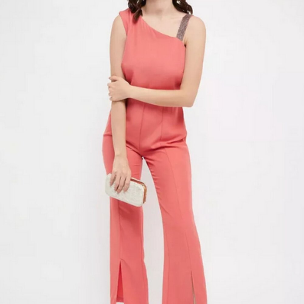Madame Embellished Strap Coral Pink Slit Jumpsuit M
